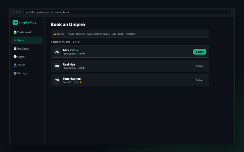 The Book page on the UmpireDuty web portal, listing available umpires