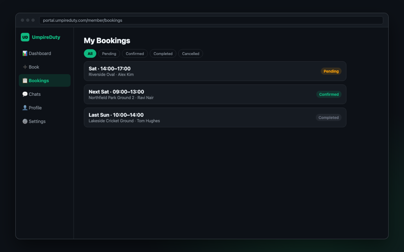 The Bookings page on the web portal, with pending, confirmed and completed bookings