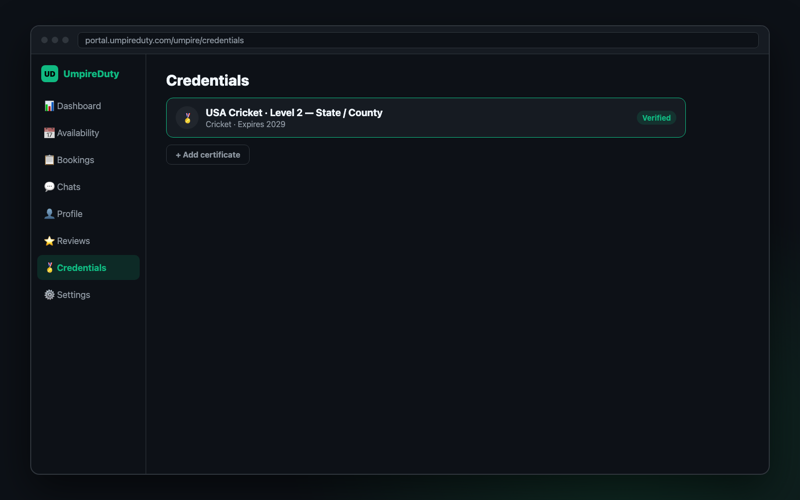 A verified certification under Credentials on the web portal